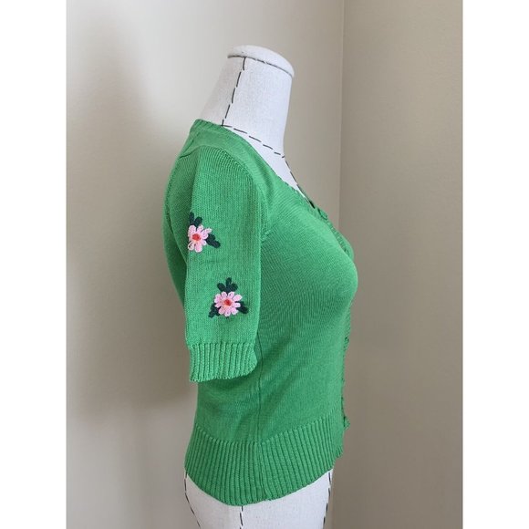Vintage 70s Right Bank Green Floral Embroidery Cotton Sweater Knit Dittos Italy - Picture 5 of 10